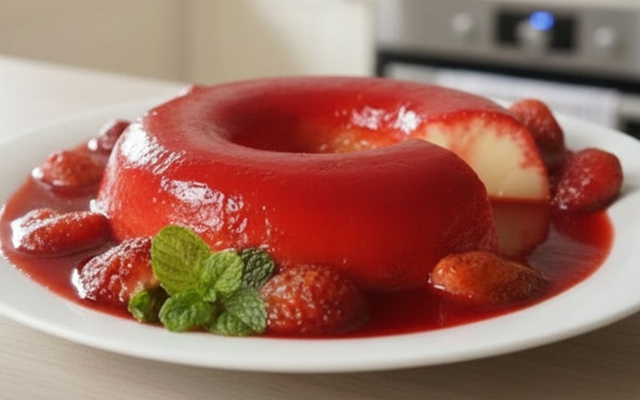 Pudim de morango do amor com fatia cortada e calda vermelha