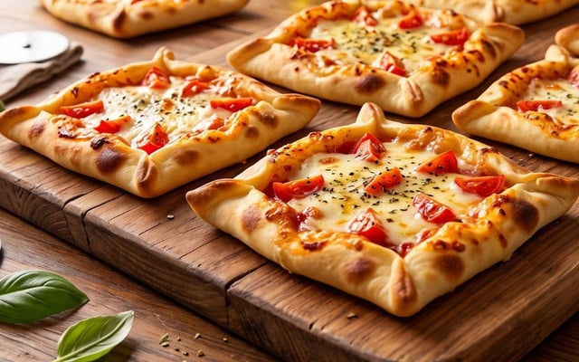 Pizza com massa de pastel com queijo e tomate picado