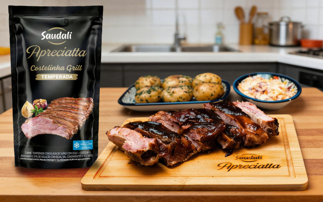 Costelinha suína com batatas e salada coleslaw