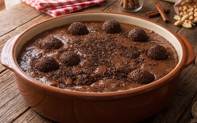 Canjica de brigadeiro com granulado e brigadeiros enrolados