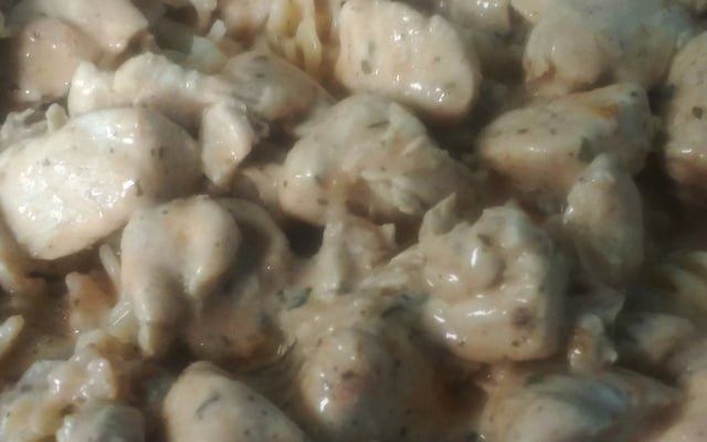 Macarrão com estrogonofe de frango rápido e fácil