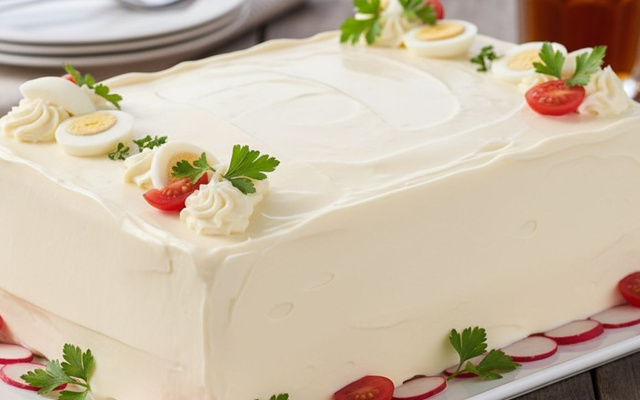 Torta fria de salpicão com massa de pão coberta com maionese
