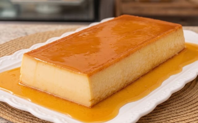 Pudim de padaria sem leite condensado servido em travessa