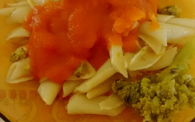 Macarrão com brócolis e molho de tomate