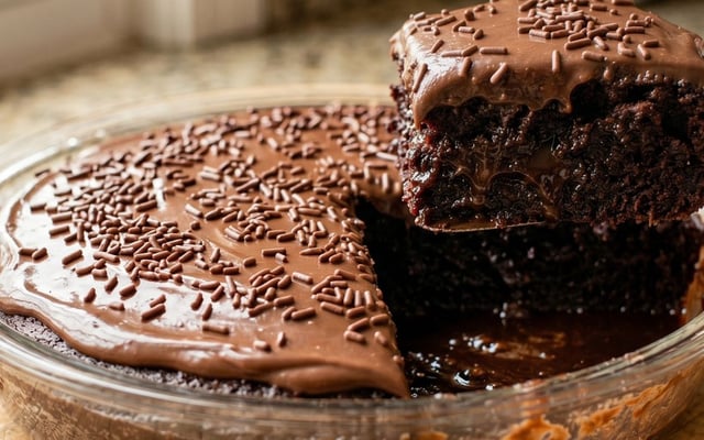 Bolo em travessa de vidro com calda e cobertura de brigadeiro