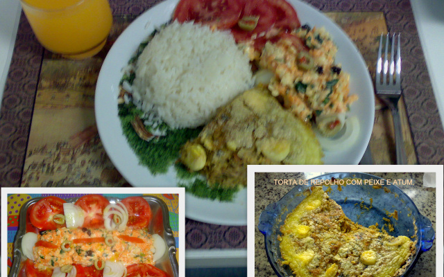 Torta de repolho com sobras de moqueca de peixe e atum