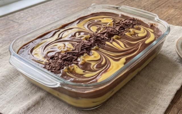 Mousse de maracujá com chocolate mesclado na travessa