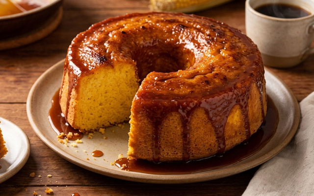 Bolo de fubá caramelizado sem glúten com fatia cortada