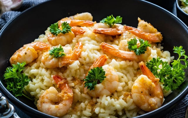 Risoto de camarão no ponto certo e bem temperado