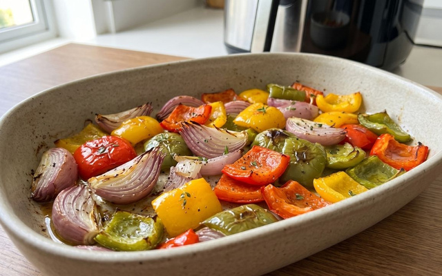 Cebola tricolor na airfryer com diversos pimentões