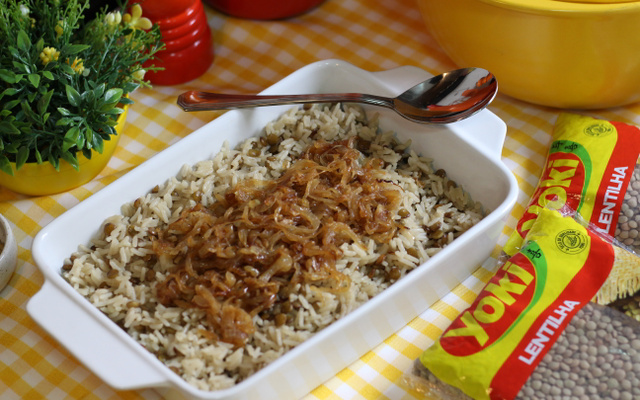 Arroz com Lentilha e Cebolas Caramelizadas