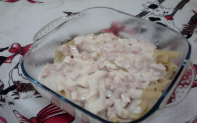 Penne com molho branco e peito de chester