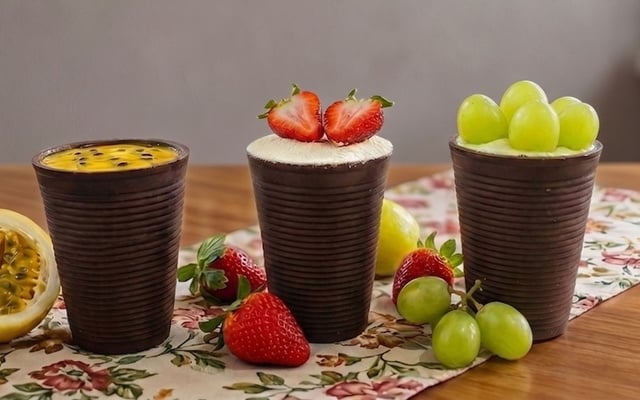 Três copos comestíveis de chocolate com recheios diferentes
