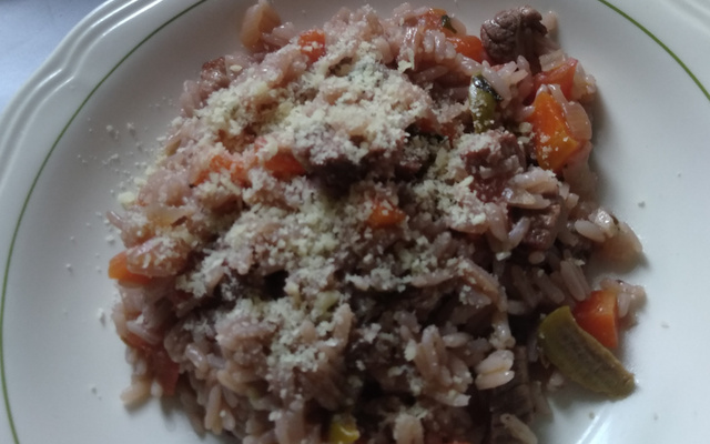 Risoto de carne (contra-filé) com vinho tinto