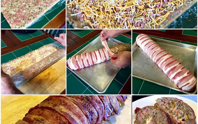 Rocambole de carne ao bacon recheado