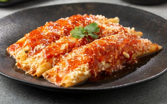 Panqueca de liquidificador simples com molho de tomate e queijo ralado