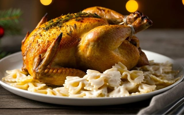 Chester com gravatinha e alho porró