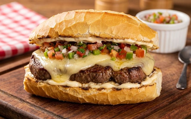 Churrasco no pão francês com contrafilé e molho vinagrete