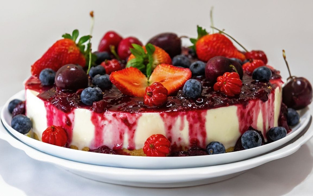 Cheesecake de frutas vermelhas com cobertura e frutas em cima