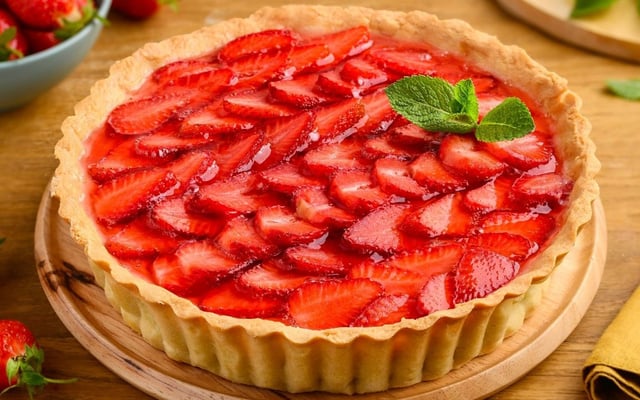 Torta de morango com a fruta cortada em fileiras por cima