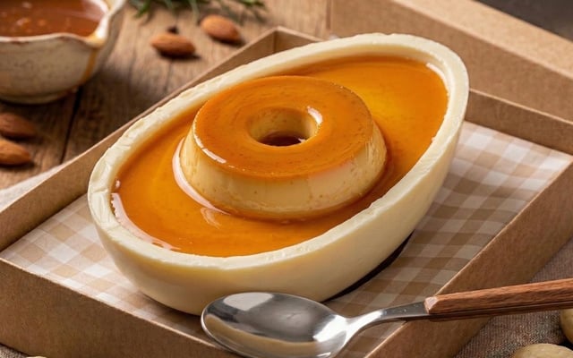 Ovo de Páscoa de pudim na casca de chocolate branco