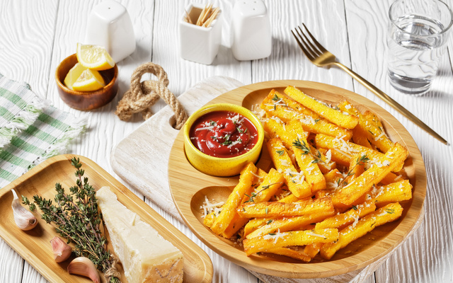 Polenta frita com queijo