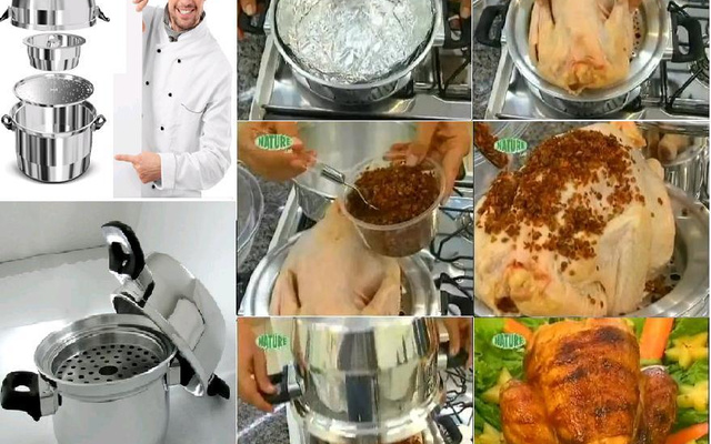 Frango assado e defumado em panela a vapor