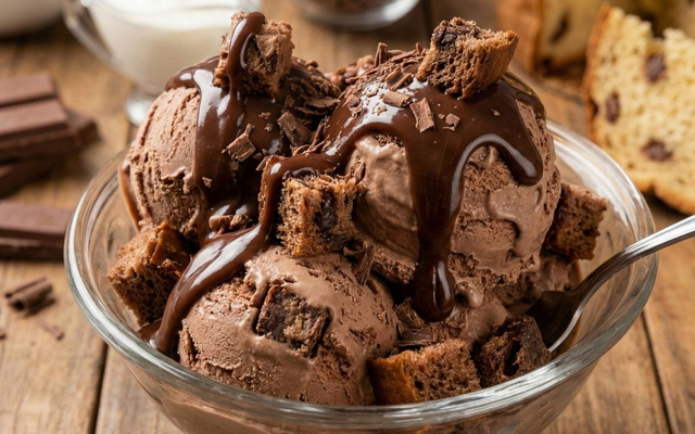 Sorvete de panetone de chocolate em bolas na tigela com calda