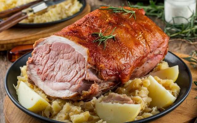 Pernil de porco assado com batatas e ervas para a família