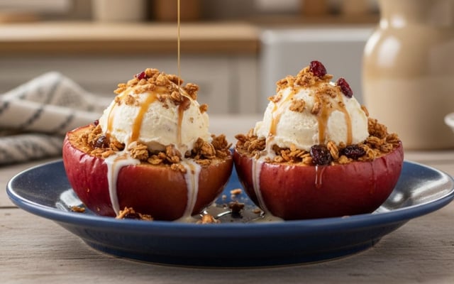 Dois pedaços de maçã assada na airfryer com sorvete e granola