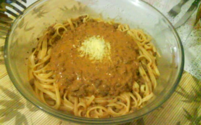 Macarrão com Estrogonofe de carne moída