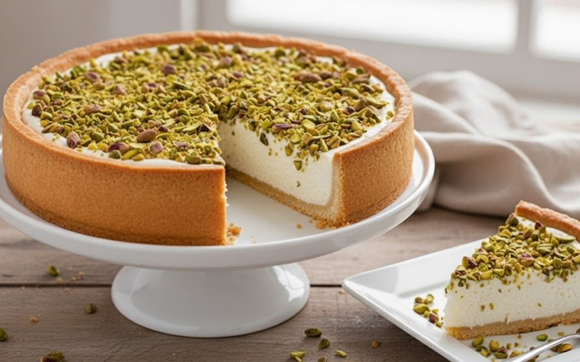 Torta de pistache com recheio de coco e fatia cortada