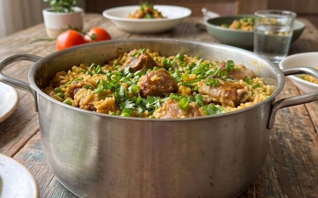 Arroz de costelinha suína cremoso com ervilha na panela