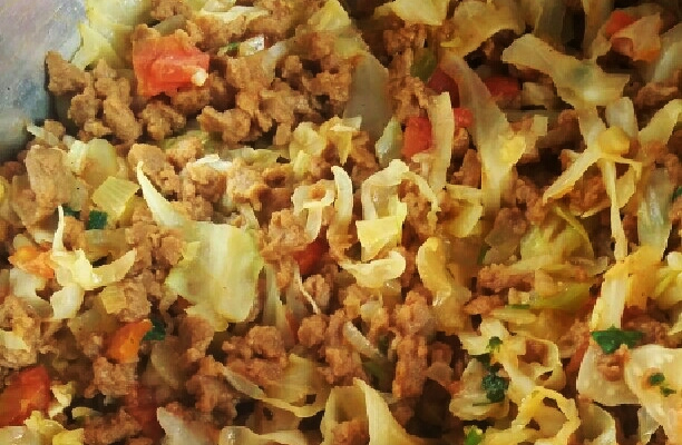 Repolho refogado com carne de soja