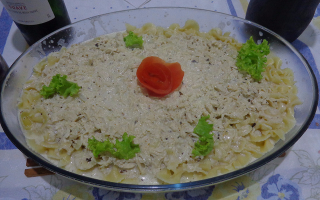 Macarrão com molho branco e frango desfiado