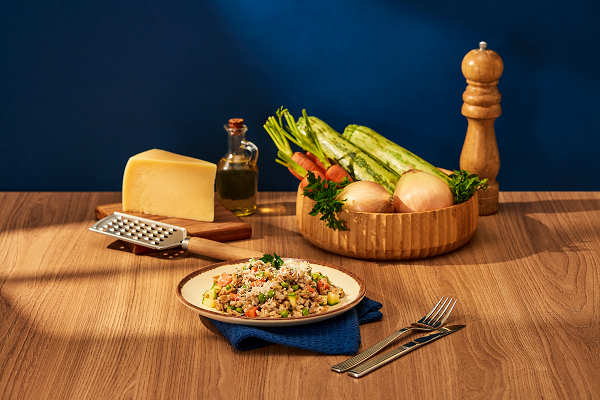 Risoto primavera com "arroz" de aveia