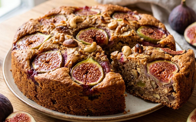 Bolo de fruta zero glúten e lactose com figo por cima