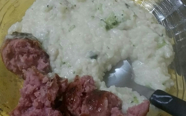 Risoto de brócolis, arroz comum e bacon