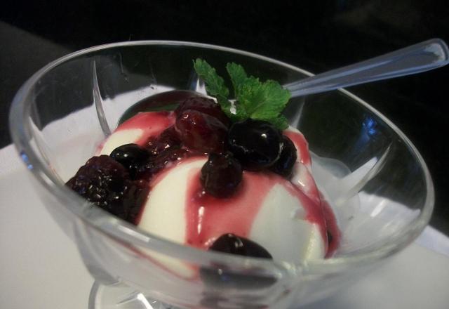 Frozen iogurte com calda de frutas vermelhas