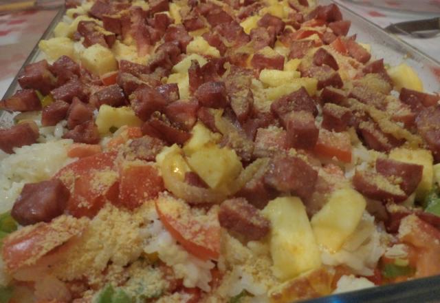 Arroz cremoso tropical com calabresa