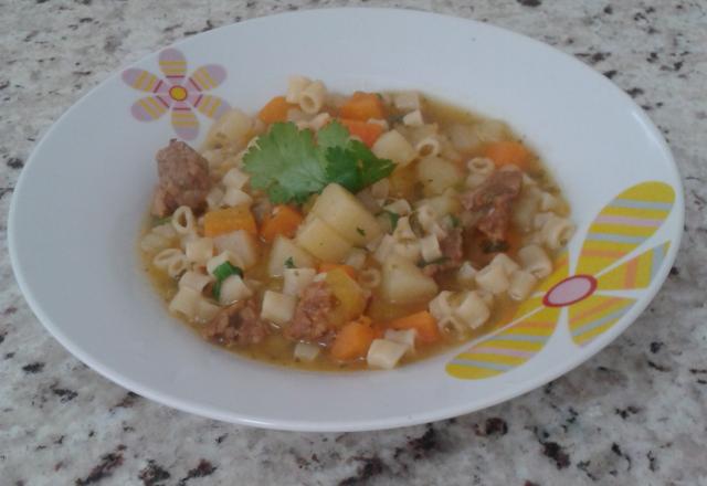 Sopa de macarrão, legumes e carne