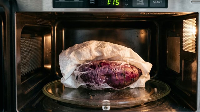 É essencial envolver a batata-doce em papel-toalha molhado para ela cozinhar direito no micro-ondas (Créditos: Imagem gerada por IA)