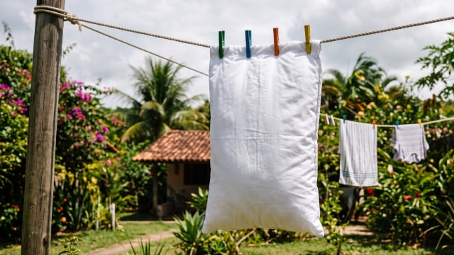 O vento é um melhor aliado do que o sol quando se trata da esterilização do travesseiro (Créditos: Imagem gerada por IA)