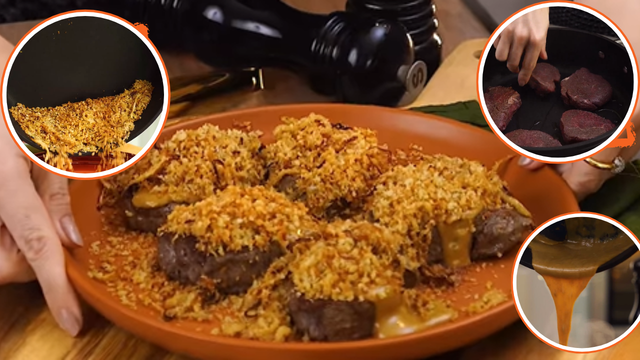 Almoço de uma panela só em 20 minutos: carne, molho e farofa de cebola, uma perfeição!
