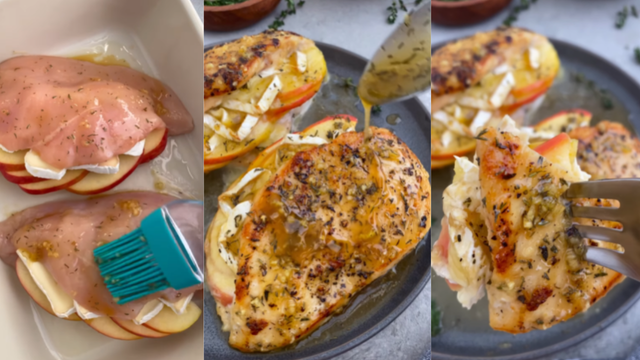 Sempre que quero comer um prato diferente faço esse frango recheado com maçã e queijo brie: receita fácil e digna de restaurante