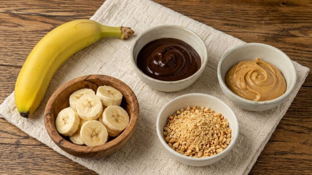 Bombons congelados levam apenas banana, pasta de amendoim, amendoim triturado e chocolate derretido (Créditos: Imagem gerada com IA)