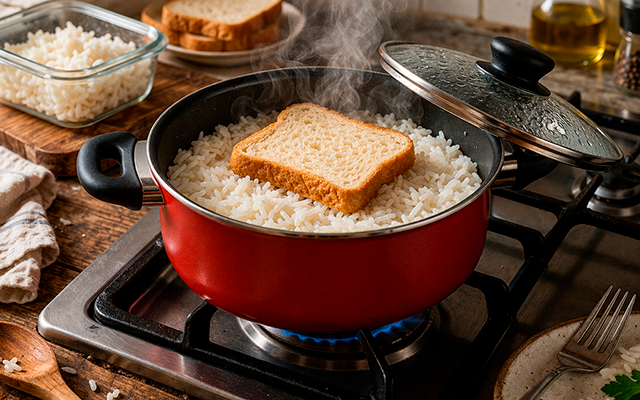 Ninguém acreditou quando fiz, mas funciona: coloque uma fatia de pão no arroz antes de esquentar e me agradeça depois