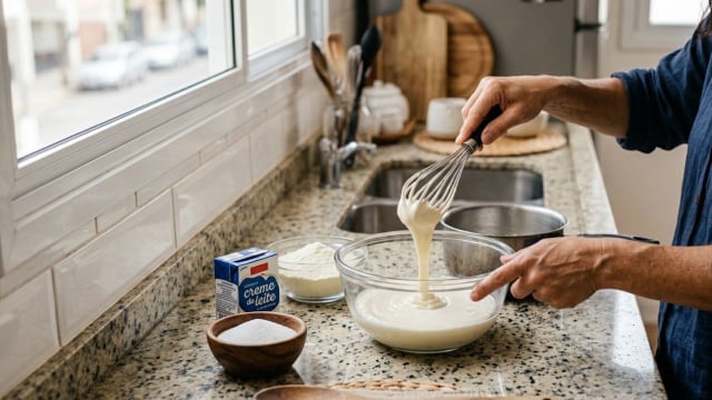 Misturar os ingredientes antes de levá-los ao fogo é importante para garantir a cremosidade da bebida (Créditos: Imagem gerada com IA)
