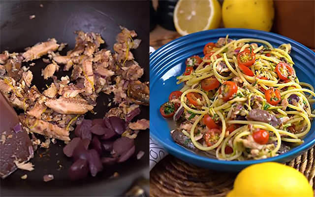 Prato de restaurante usando sardinha ou atum: receita de macarrão cabe na dieta, sacia e fica uma delícia