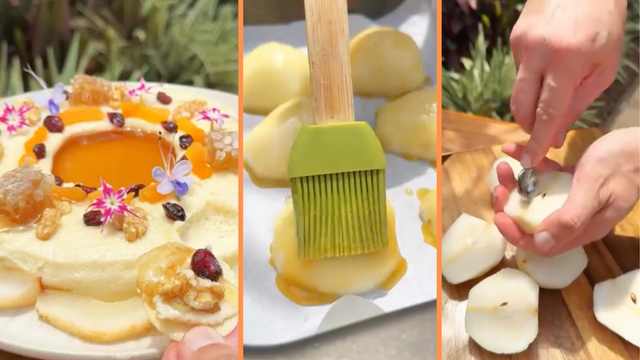 Creme de queijo brie com piscina de mel e peras assadas com manteiga, baunilha e canela: precisa falar mais alguma coisa?